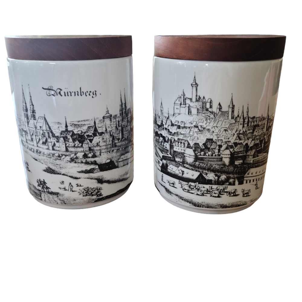 Vintage Royal Porzellan Bavaria Western Germany Black White Canister Wood Top